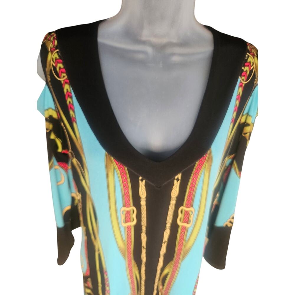Eva Varro Multi Color Dress Tunic Sz M "Versace Style" Cut Out Shoulders Vneck - Picture 4 of 8